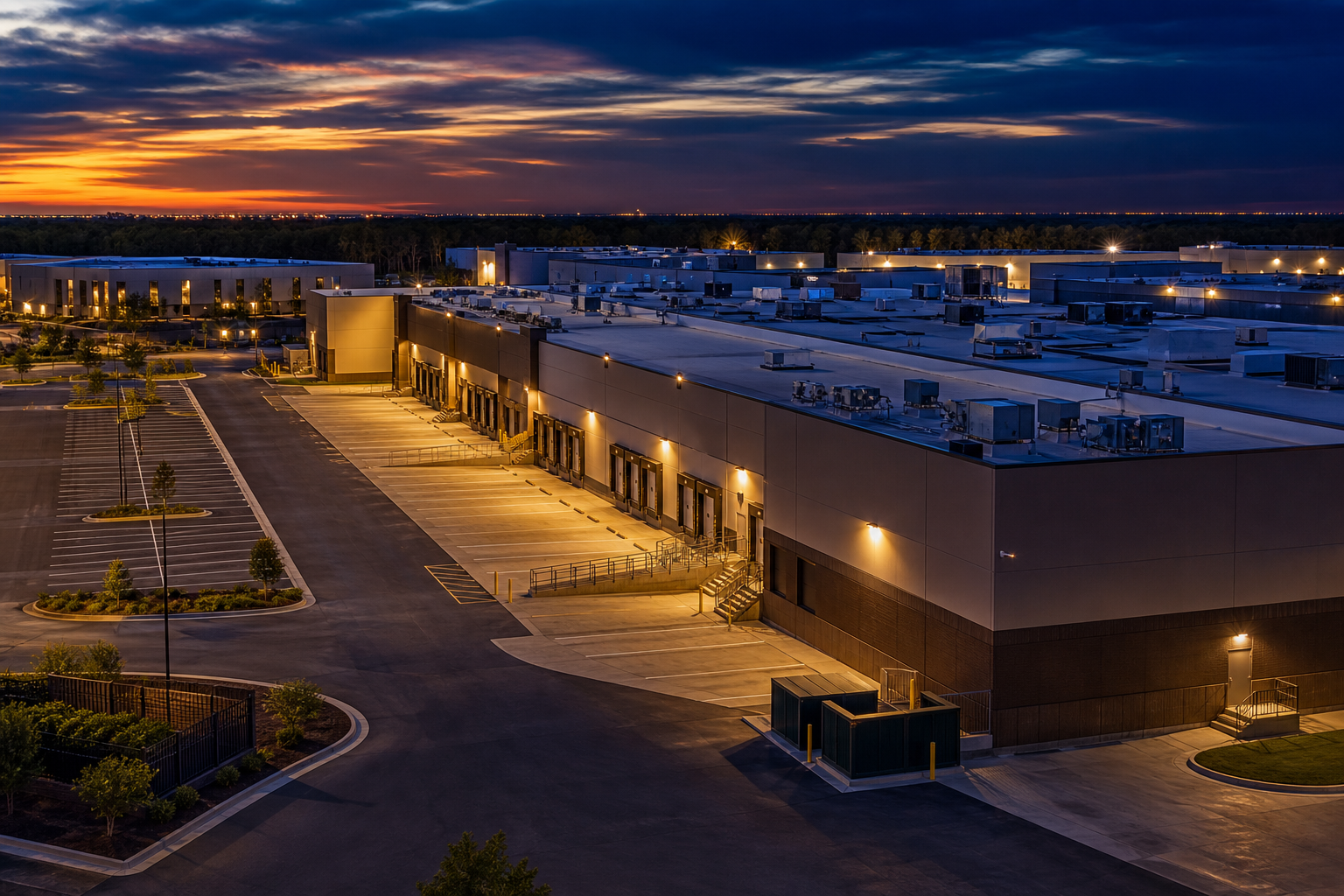 Commercial facilities campus at dusk